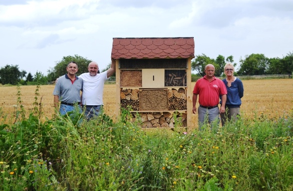 Von links: Helmut Kropac, Richard Schmidt, Vorsitzender Andreas Kailing und Ilona Schmidt bei der Aufstellung eines Bienenhotels
